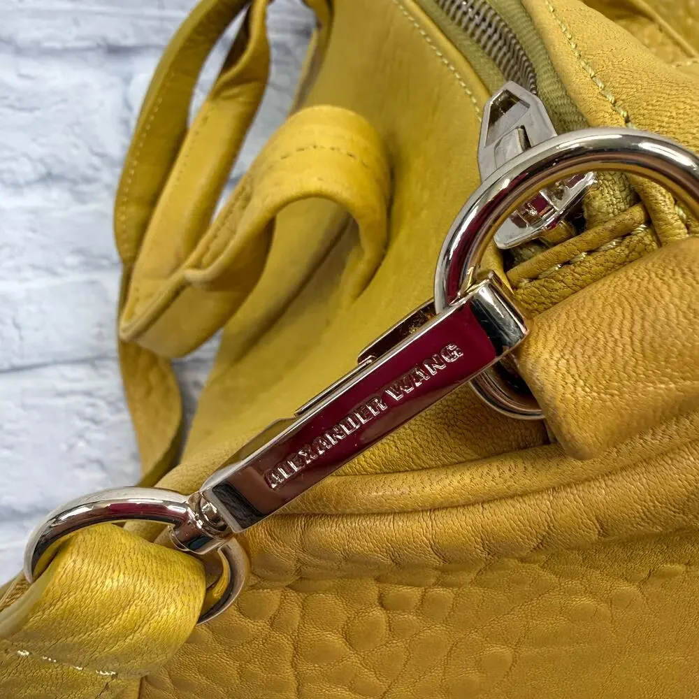 Alexander Wang Rocco Duffel Bag Mustard Yellow Pebbled Leather Studded Bottom